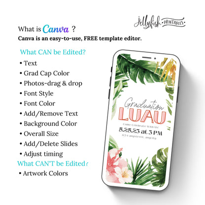 Animated Luau Graduation Invitation Canva Template 2023. Send Today!