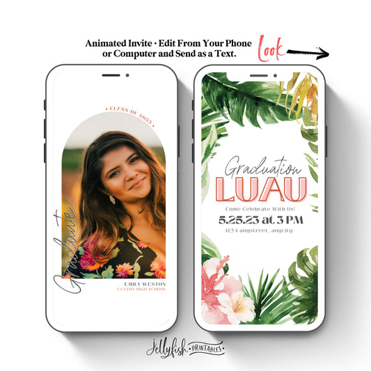 Animated Luau Graduation Invitation Canva Template 2023. Send Today!