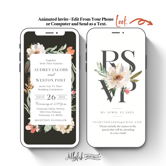 Rustic Floral Wedding Invitation Video Canva Template. Send Today!
