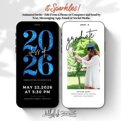 Blue Sparkle Graduation Video Invitation | Animated Editable Canva Template | Class of 2026 Text & Email Invite