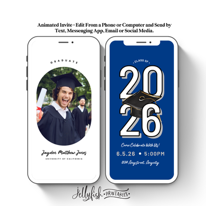 Bold Blue Graduation Video Invitation | Class of 2026 Animated Canva Template | Editable Grad Party Digital Invite