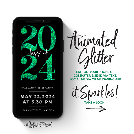 Animated Graduation Invitation Canva Template in Green. It Sparkles. Send Today!
