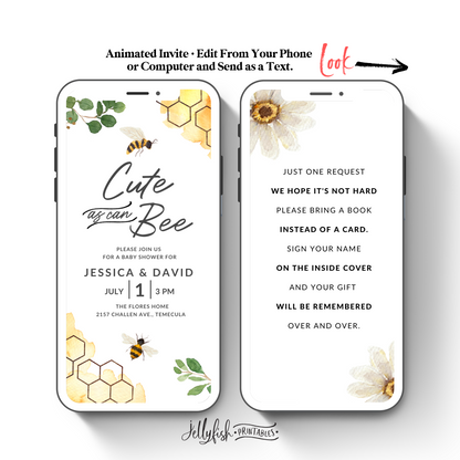 Cute as can BEE Baby Shower Video Invitation Canva Template. Send Today!