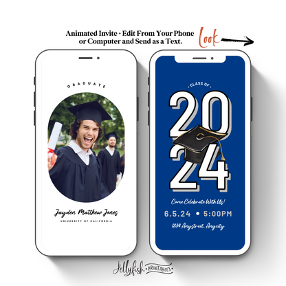 Blue Graduation Invitation Canva Template 2024. Send Today!
