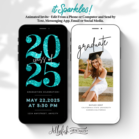 Teal Glitter Graduation Video Invitation | Editable Canva Template | Animated Class of 2025 Invite to Match School Colors