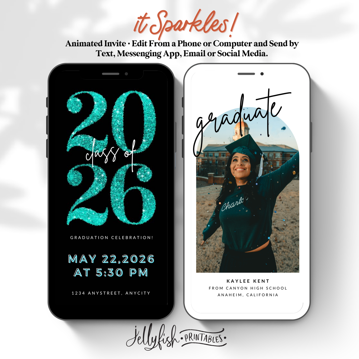 Teal Glitter Graduation Video Invitation | Editable Canva Template | Animated Class of 2026 Invite to Match School Colors