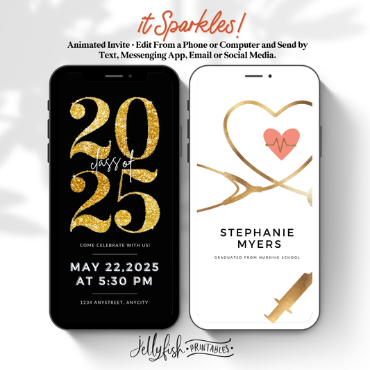 Nursing Graduation Invitation 2025 | Editable Sparkle Gold Animated Video Invite | Nursing School Grad Party Canva Template