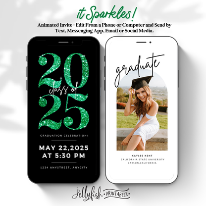 Animated Graduation Invitation Canva Template in Green. It Sparkles. Send Today!