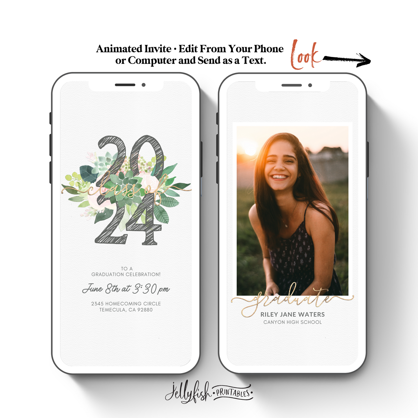 Animated Graduation Invitation Canva Template with Succulents. Send Today!