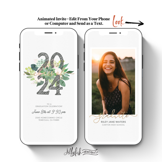 Animated Graduation Invitation Canva Template with Succulents. Send Today!