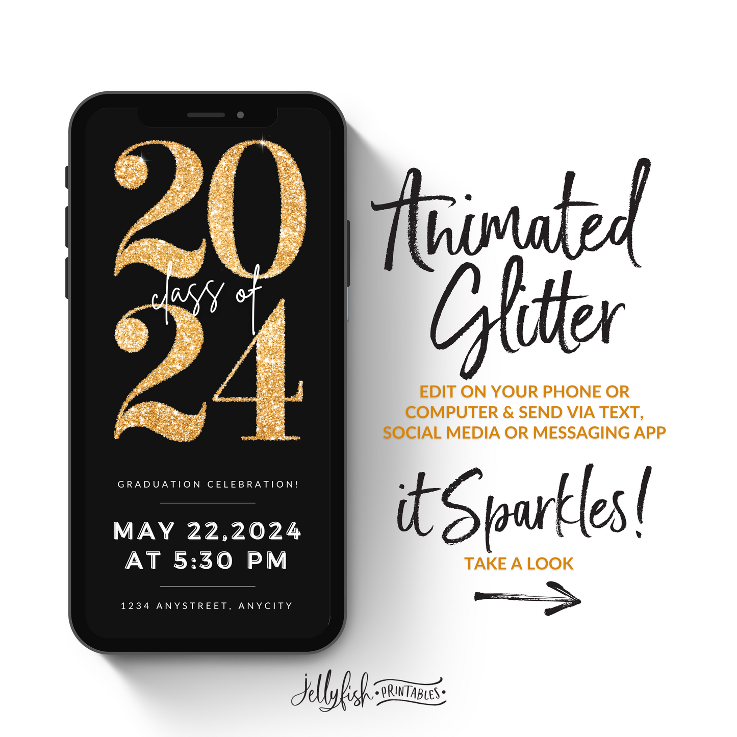 Graduation Party Invitation Canva Template. It Sparkles Gold. Send Today!