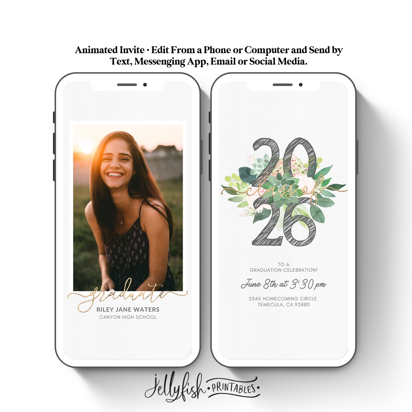 Succulent Class of 2025 Graduation Invitation | Editable Floral Canva Video Template | Animated Grad Party Invite