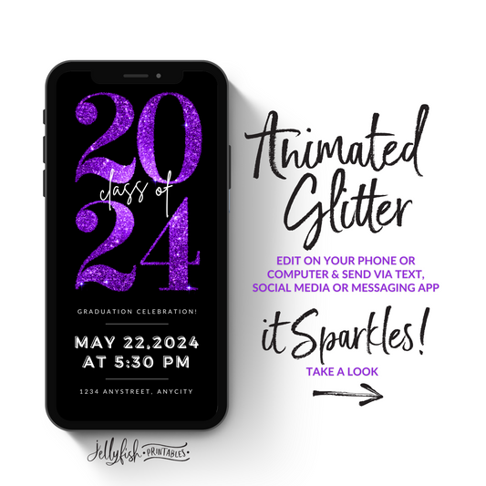 Animated Graduation Invitation Canva Template in Purple. It Sparkles. Send Today!