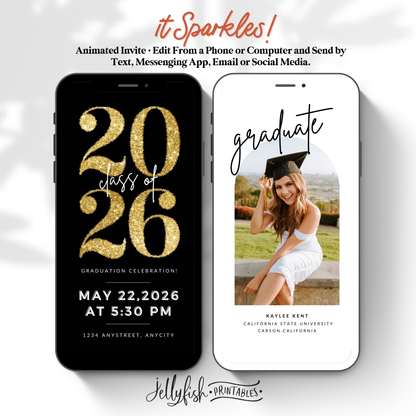 Gold Glitter Graduation Invite Video | Editable Canva Template | Sparkle Animated Class of 2026 Digital Invitation