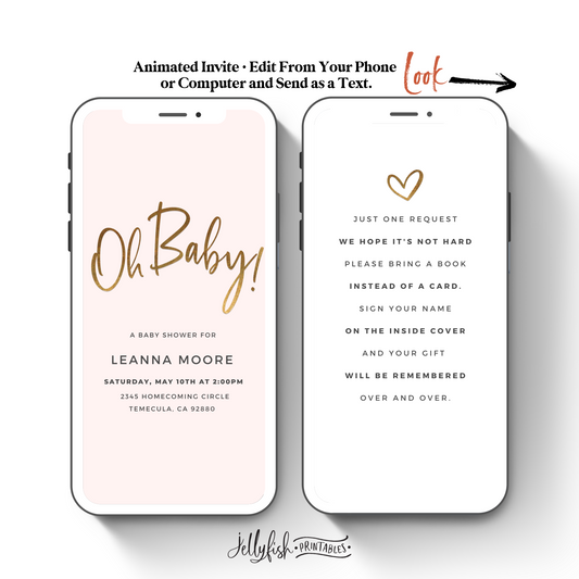 Simple Baby Shower Video Invitation Canva Template in Blush & Gold. Send Today!