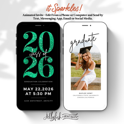 Green Glitter Graduation Invitation Video | Animated Editable Canva Template | Class of 2025 Digital Invite
