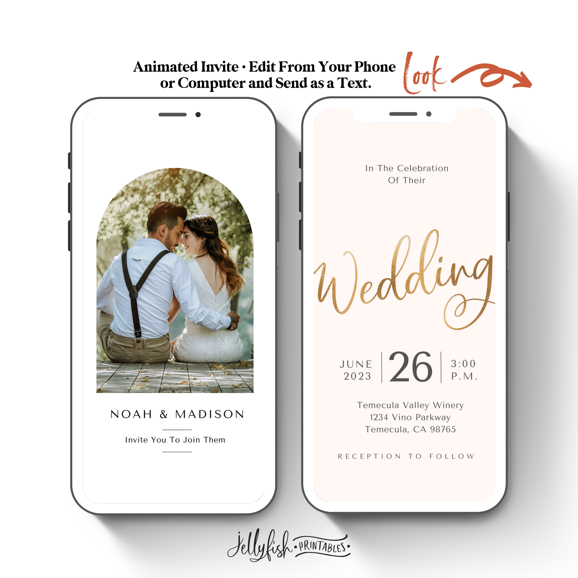 Simple Wedding Invitation Video Canva Template in Blush and Gold. Send Today!