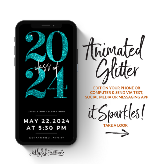 Animated Graduation Invitation Canva Template in Teal. It Sparkles. Send Today!