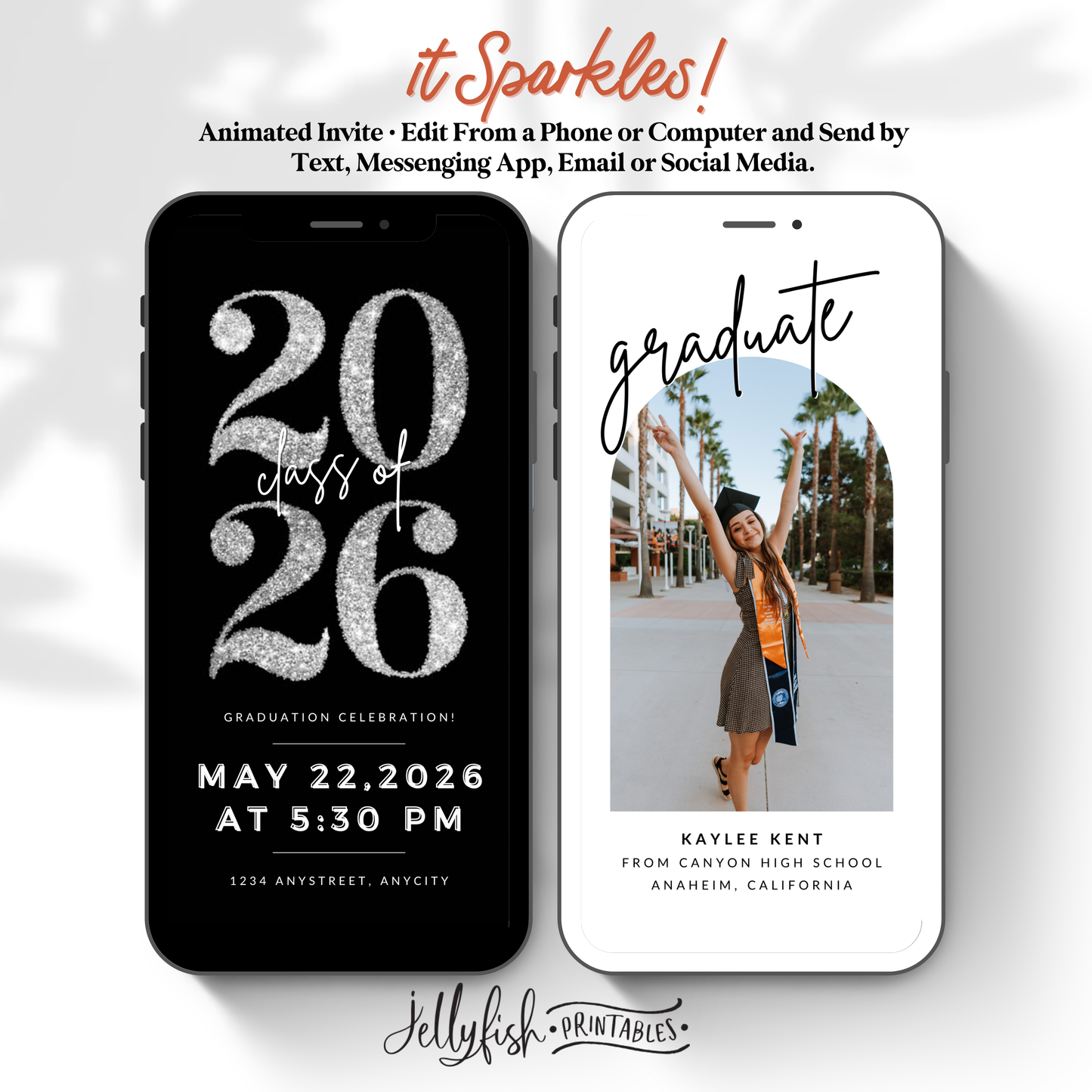 Silver Glitter Graduation Invite Video | Editable Animated Canva Template | Class of 2026 Digital Invitation