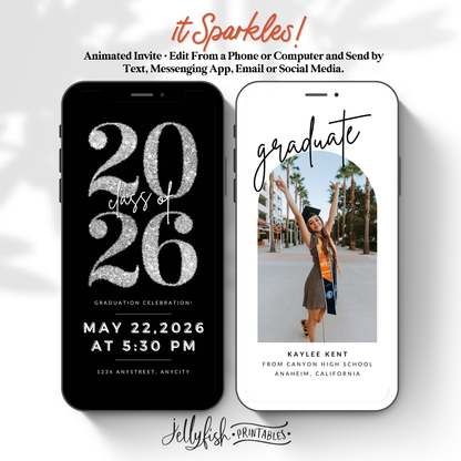 Silver Glitter Graduation Invite Video | Editable Animated Canva Template | Class of 2026 Digital Invitation