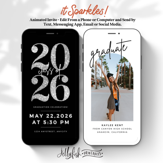 Silver Glitter Graduation Invite Video | Editable Animated Canva Template | Class of 2026 Digital Invitation