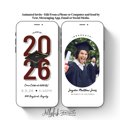 Classic 2026 Graduation Video Invitation | Maroon and White Animated Canva Template | Editable Digital Invite