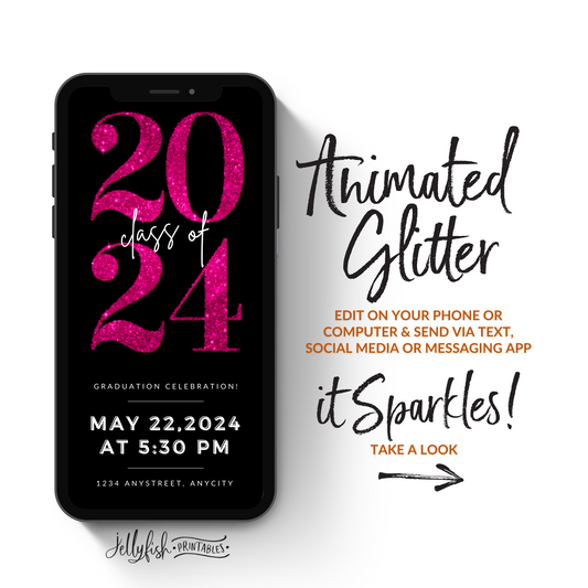 Animated Graduation Invitation Canva Template in Hot Pink. It Sparkles. Send Today!
