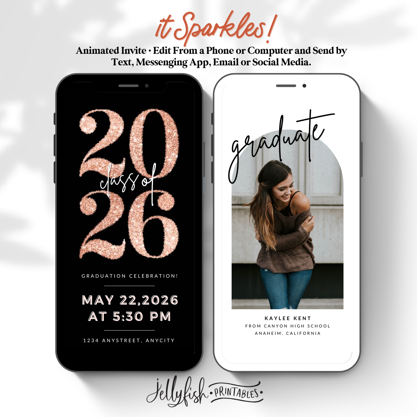 Rose Gold Glitter Graduation Invite Video | Editable Canva Template | Animated Class of 2026 Digital Invitation