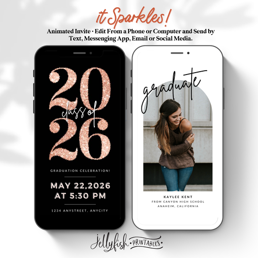 Rose Gold Glitter Graduation Invite Video | Editable Canva Template | Animated Class of 2026 Digital Invitation