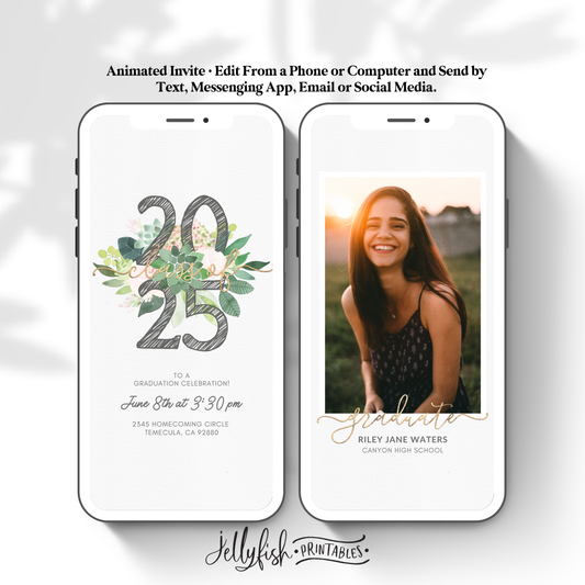 Succulent Class of 2025 Graduation Invitation | Editable Floral Canva Video Template | Animated Grad Party Invite