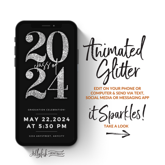 Animated Graduation Invitation Canva Template in Silver. It Sparkles. Send Today!