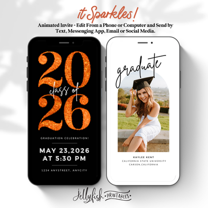Orange Sparkle Graduation Video Invitation | Class of 2025 Canva Template | Editable & Animated Digital Invite