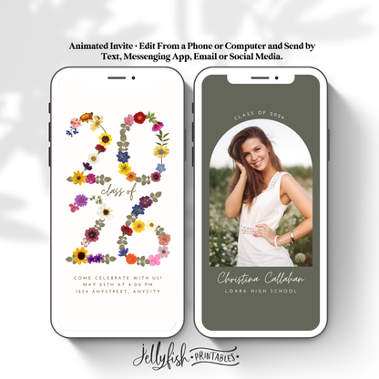 Pressed Flower Graduation Invitation Video | Elegant Canva Template | Editable Animated Digital Invite