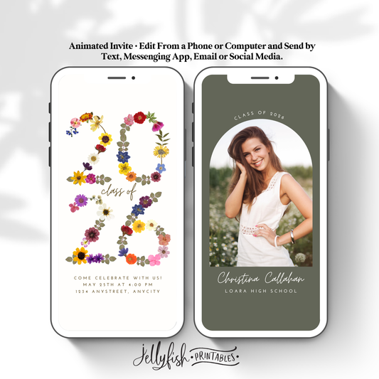 Pressed Flower Graduation Invitation Video | Elegant Canva Template | Editable Animated Digital Invite