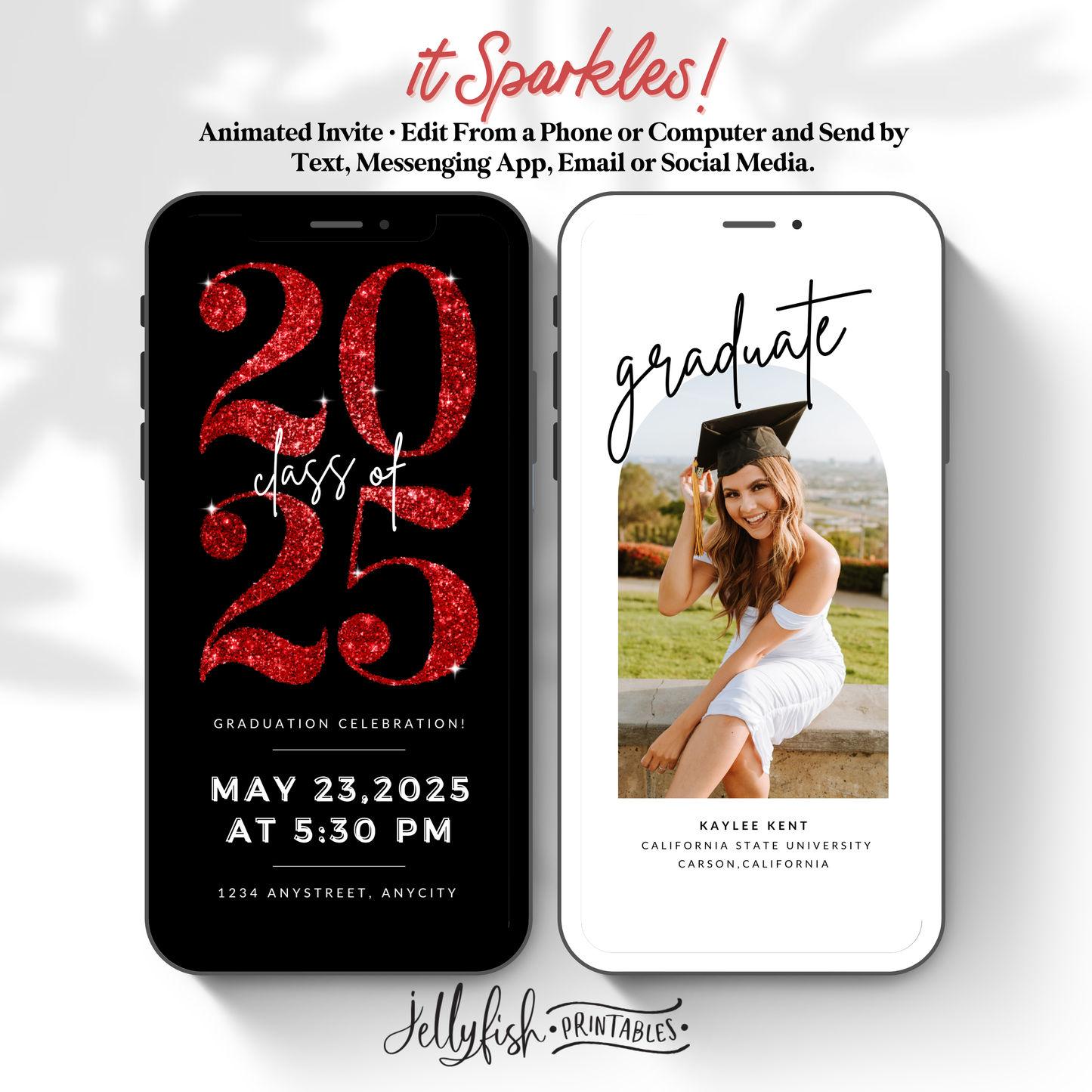 Red Glitter Graduation Invitation Video | Class of 2025 Sparkle Canva Template | Editable Animated Digital Invite