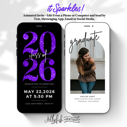 Purple Glitter Graduation Invitation Video | Canva Editable Class of 2026 Template | Digital Invite to Share