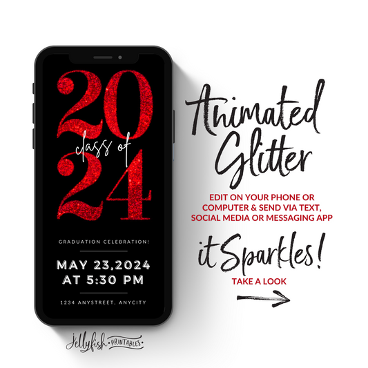 Animated Graduation Invitation Canva Template in Red. It Sparkles. Send Today!