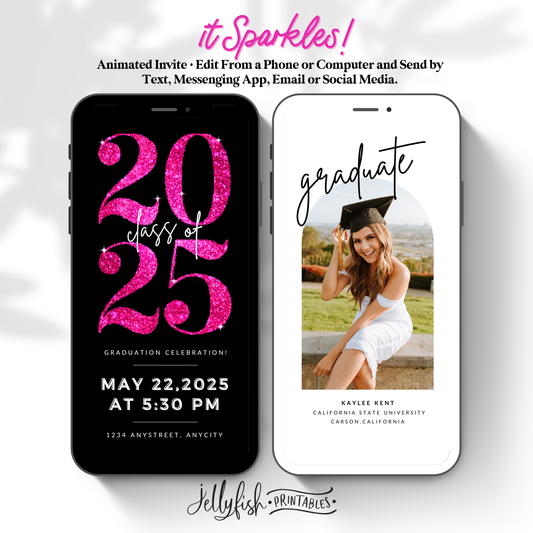 Hot Pink Graduation Invitation Video | Sparkle Animated Canva Template | Editable Class of 2025 Digital Invite
