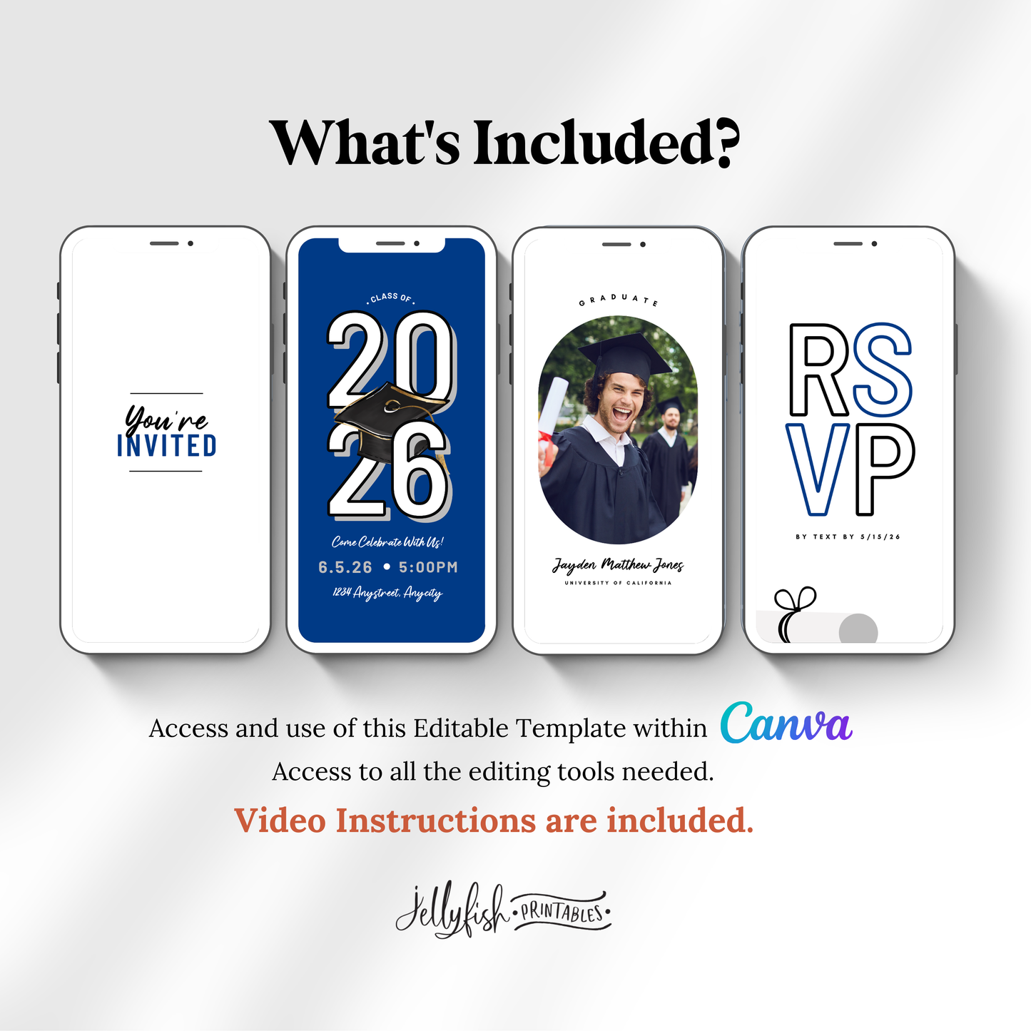 Bold Blue Graduation Video Invitation | Class of 2026 Animated Canva Template | Editable Grad Party Digital Invite