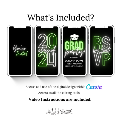 Neon Graduation Video Invitation Canva Template. Send Today!