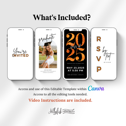 Animated Graduation Invitation Canva Template in Orange. It Sparkles. Send Today!