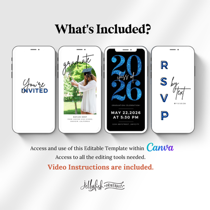 Blue Sparkle Graduation Video Invitation | Animated Editable Canva Template | Class of 2026 Text & Email Invite