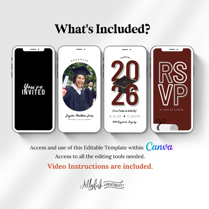 Classic 2026 Graduation Video Invitation | Maroon and White Animated Canva Template | Editable Digital Invite