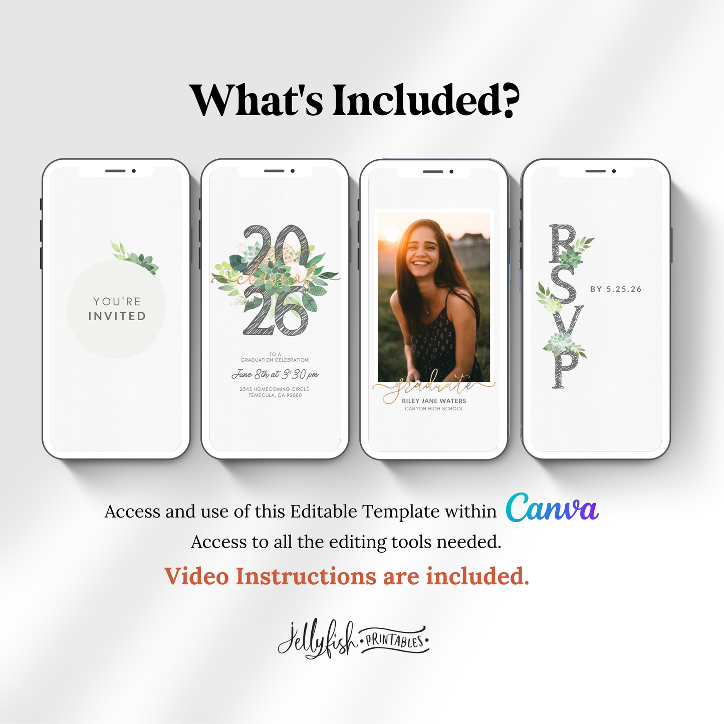 Succulent Class of 2025 Graduation Invitation | Editable Floral Canva Video Template | Animated Grad Party Invite