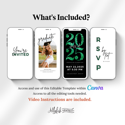 Animated Graduation Invitation Canva Template in Green. It Sparkles. Send Today!
