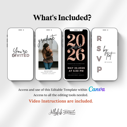 Rose Gold Glitter Graduation Invite Video | Editable Canva Template | Animated Class of 2026 Digital Invitation