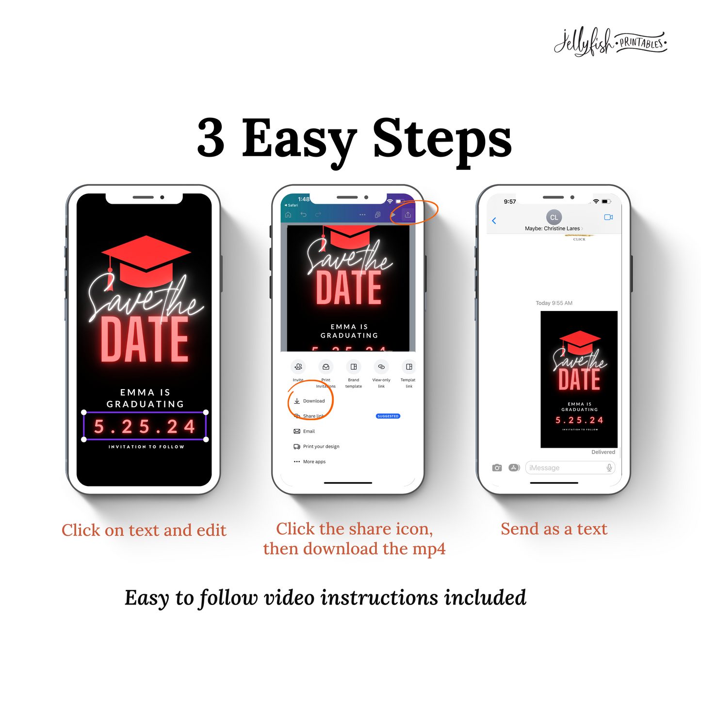 Neon Red Graduation Save the date. Animated Canva Template for texting.  Send it out today!