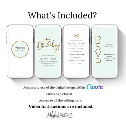 Mint Green Baby Shower Invitation | Oh Baby Animated Canva Template | Editable Digital Invite for Text or Email