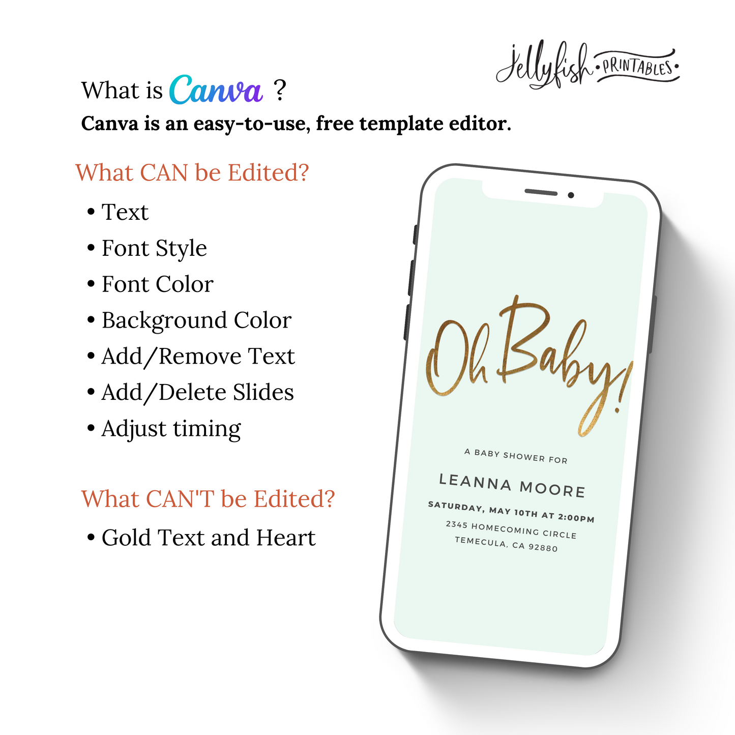 Mint Green Baby Shower Invitation | Oh Baby Animated Canva Template | Editable Digital Invite for Text or Email