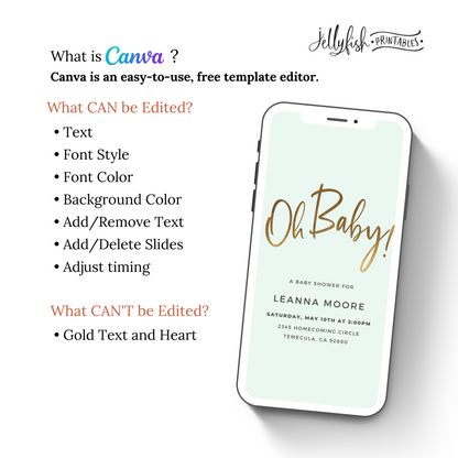 Mint Green Baby Shower Invitation | Oh Baby Animated Canva Template | Editable Digital Invite for Text or Email